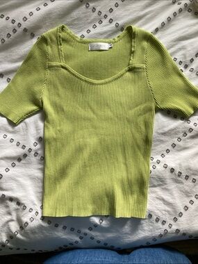 Ribbed Short Sleeve Top in Lime by Knit Mix